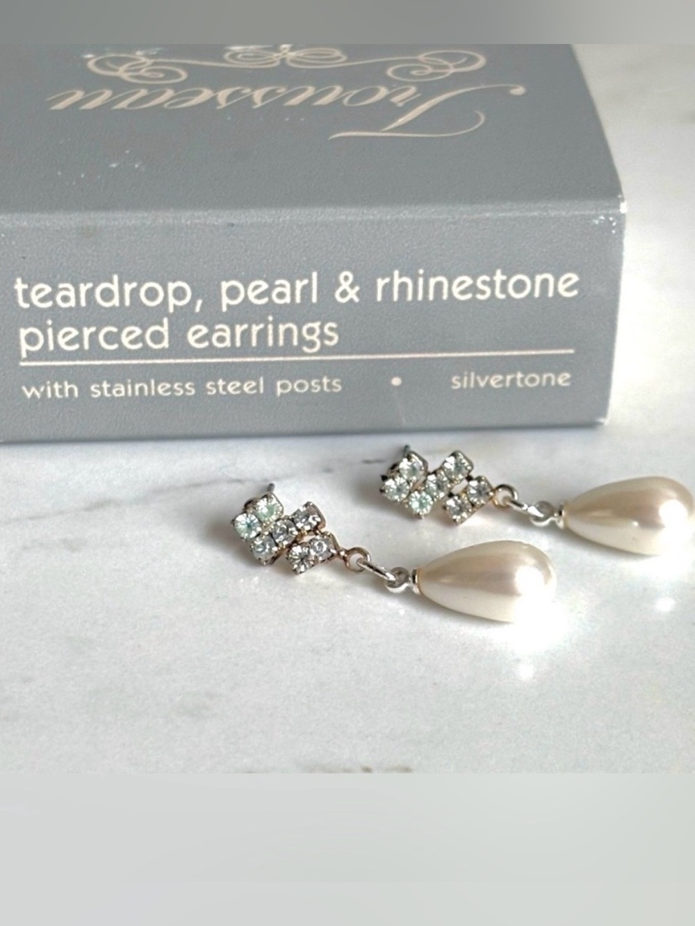 Vintage Avon Teardrop Pearl Rhinestone Drop Earrings NIB Silver Tone
